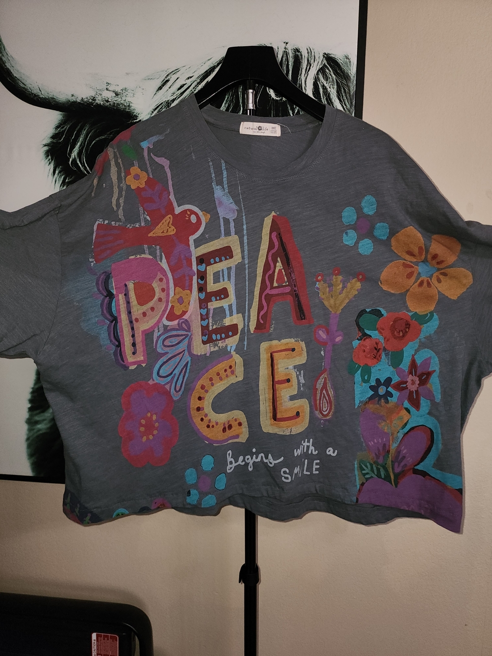 NATURAL LIFE Gray Graphic 'PEACE' Tee with Colorful Floral Art